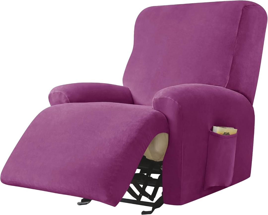 CONRUSER Recliner Chair Covers, 4-Piece Velvet Stretch Recliner Slipcover Single Seat Couch Cover Soft Furniture Protector with Pocket (Purple)