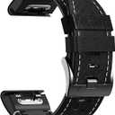 Abanen Quick Fit 22mm Leather Watch Bands for Garmin Fenix 8 / epix Pro/Tactix 8 (47mm), Fiber Leather with Silicone Lining Stitches Soft Sweat-proof Wrist Strap for Fenix 7/6 / 5, Descent G2 (Black)