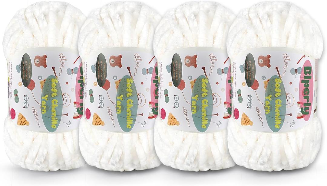 4 Skeins Fluffy Chenille Yarn for Crocheting - Chunky Velvet Yarn for Scarves Shawls, Baby Blankets, Hats Plush Toys, Plush Yarns Each Skein 49.2yd, 3.5oz (Beige)