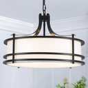 20" Black Drum Chandelier, Modern White Fabric Chandeliers, 5-Light Adjustable Large Drum Pendant Light Fixtures for Dining Room, Kitchen Island Living Room Foyer Bedroom