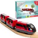 KipiPol Battery Operated Action Locomotive Toy Train Set for Wooden Tracks, (Magnetic)-Compatible with Thomas The Train Toys, Brio Tram Set for Toddlers 3-5 and up, Stocking Stuffers for Kids (Red)