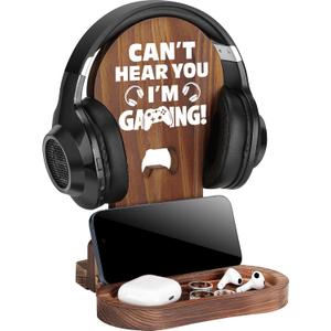 Slothoem-Gamer Gifts for Men Teenage Boy, Gamer Room Decor for Brother, Gaming Gifts for Son, Boyfriend, Husband, Gamer Room Accessories Stuff, Wooden Headset Stand - Can't Hear You I'm Gaming