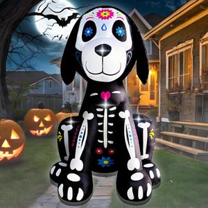 5FT Halloween Inflatables Skeleton Dog Outdoor Decorations Blow Up Yard Cute Black Dog Built-in LEDs for Holiday Garden Lawn Yard Indoor Party Decor