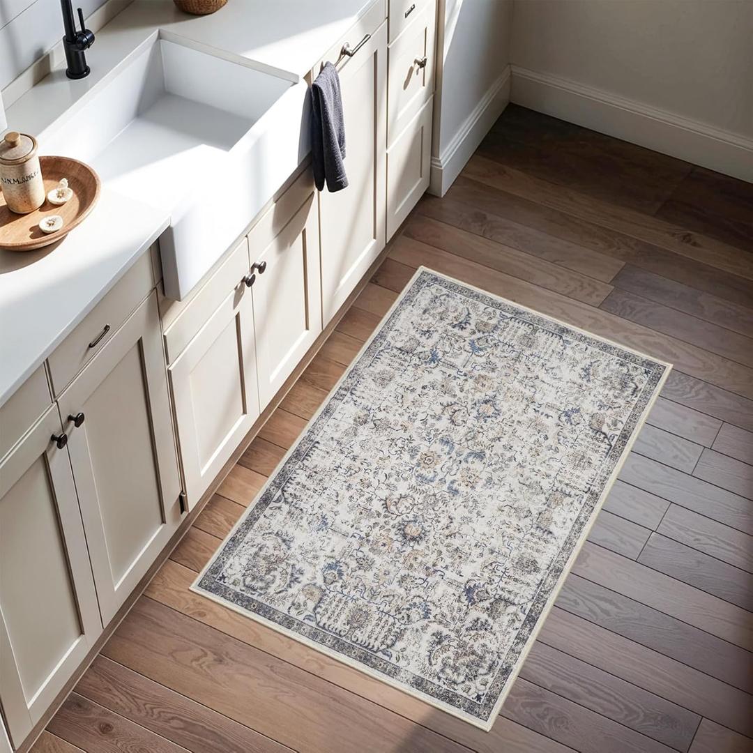 RUUGME Washable Area Rug 2x3 - Vintage Kitchen Rugs Stain Resistant Rugs for Living Room Bedroom Laundry Room Mat Distressed Rug Hallway Floor Carpet Runner for Bathroom 2'x3' Grey/Brown/Blue