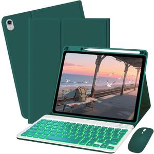Keyboard Case for iPad 10th / A16 11th Generation 2022/2025-7 Colors Backlit Keyboard Cover and Mouse (Dark Green)