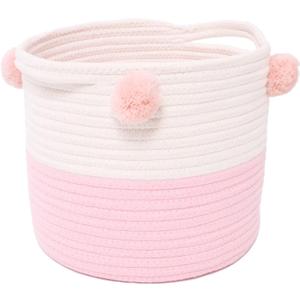 Small Woven Basket With Handles Pom Pom, 9.8 x 9.8 x 7.8 inch Pink-White Round Cute Cotton Rope Decorative Empty Gift Basket for Baby Shower, Easter, Valentine's Day