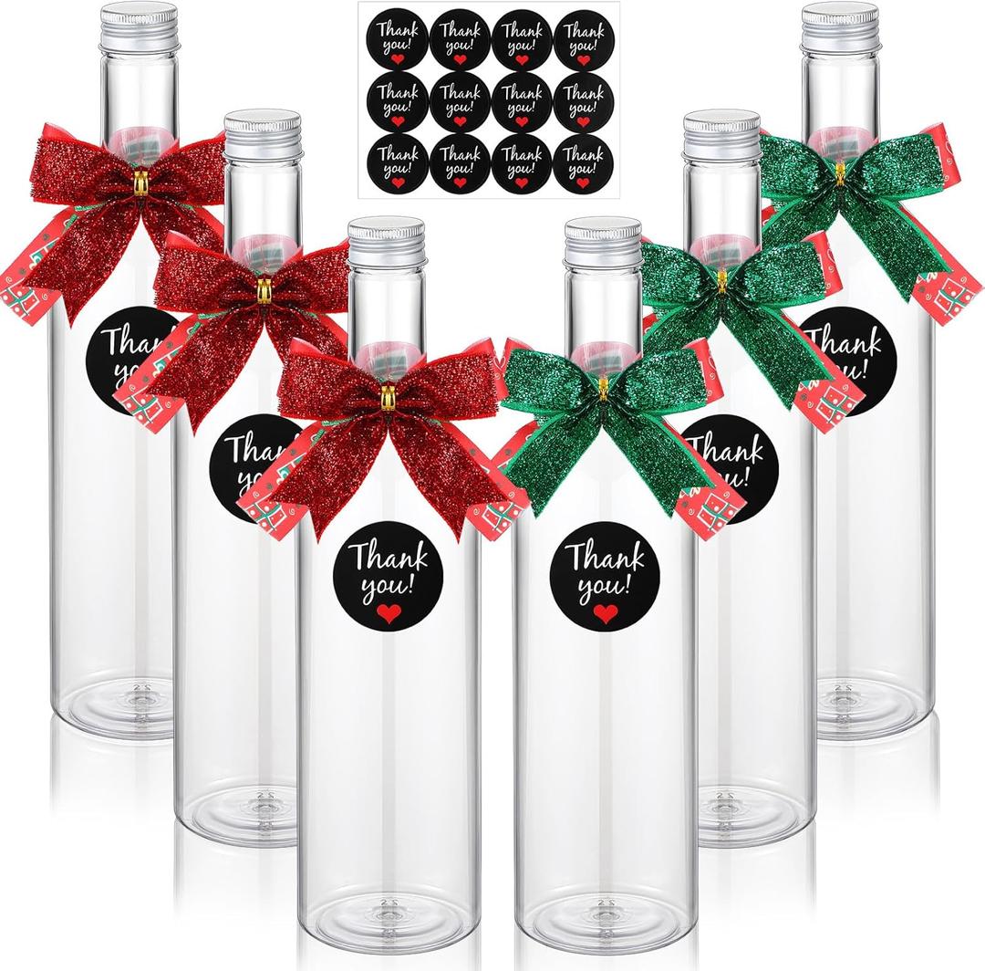 Baderke 6 Sets Christmas Plastic Wine Bottles 750ml with Caps Thank You Stickers Christmas Botellas Para Coquito Bottles Holiday Xmas Empty Brewing Wine Bottle for Kitchen Bar Party New Year(Classic)
