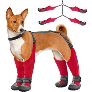 Idepet Dog Suspender Boots, Tall Dog Boots Anti-Slip & Fall Waterproof Dog Shoes Leggings, Adjustable Suspender Boots for Dogs Winter Snow Rain Hiking Paws Protector(Red, 6)