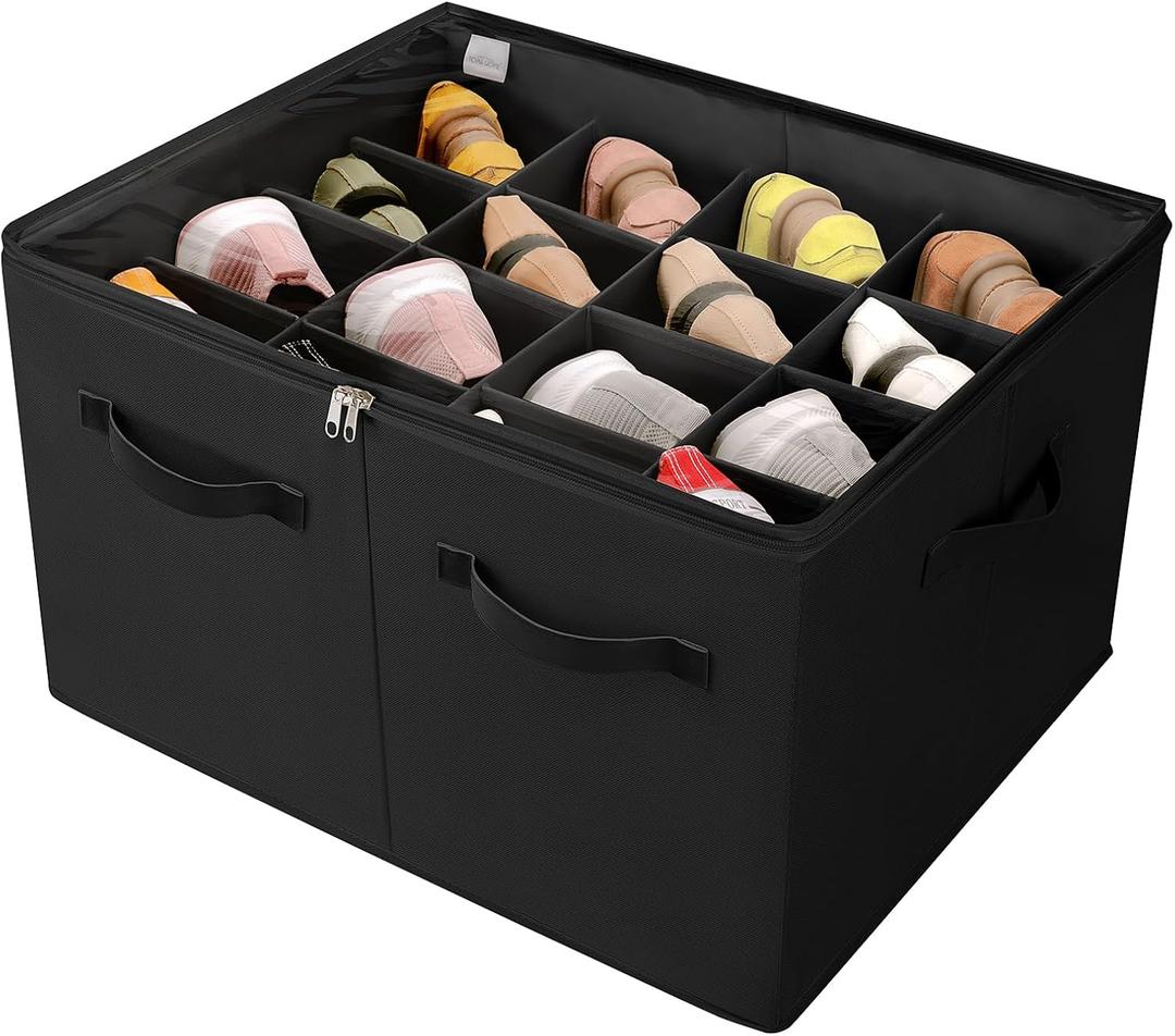 Shoe Organizer for Closet, Foldable Shoe Box with Adjustable Dividers and Clear Cover, Space Saving Shoe Storage Organizer Cabinet with Reinforced Handles, Fits 16 Pairs, Black, TP09B (Large(20.87''L x 16.54''W x 13.5''H))