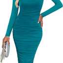 PRETTYGARDEN Women's Long Sleeve Wedding Guest Dress | Stretchy Mesh Bodycon,Elegant Square Neck Midi,Fall Winter Clothes,Ruched Fitted Night Out,Party,Formal,Cocktail Dresses (XL)