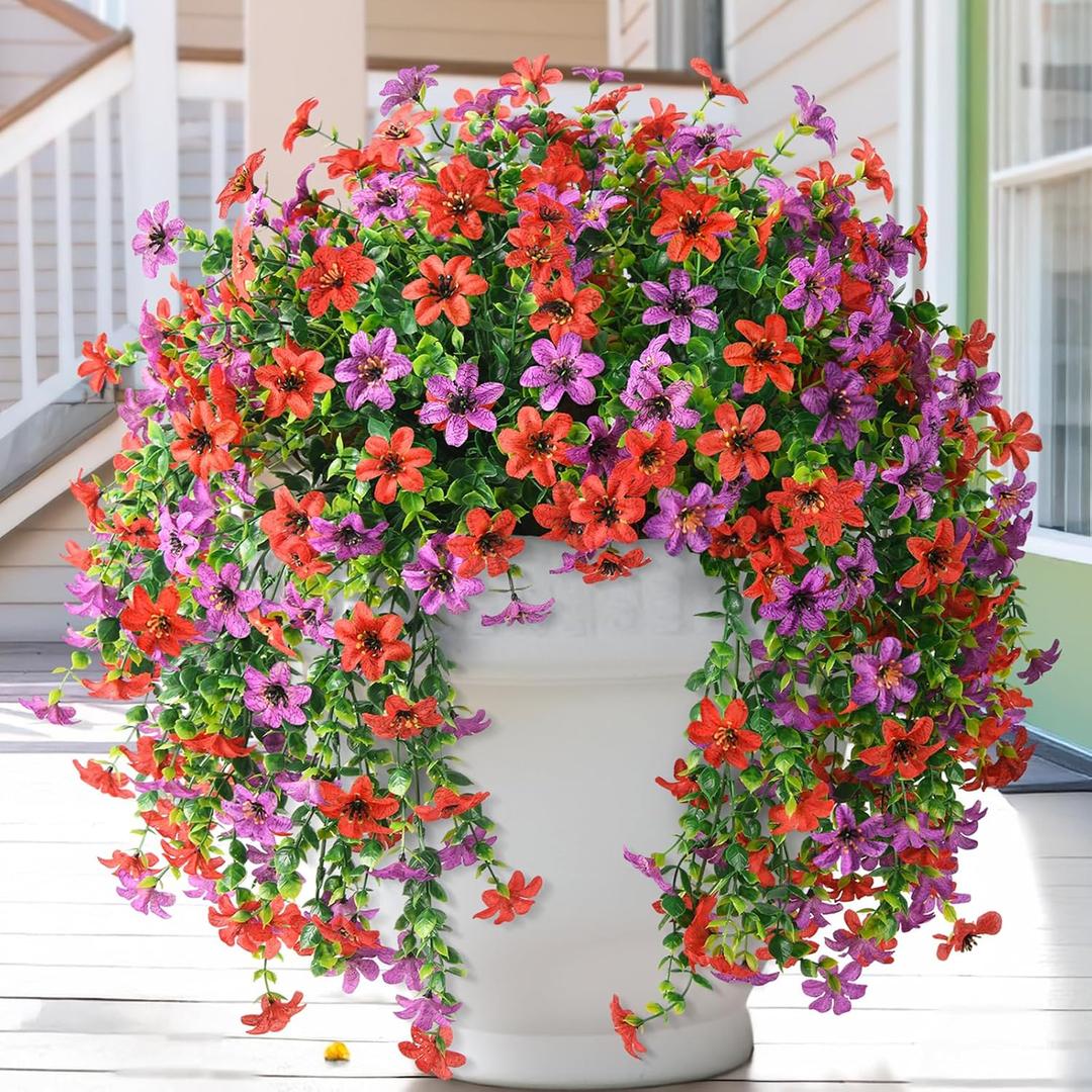 Homsunny Artificial Fake Flowers Plants for Outdoor Spring Summer Decoration, 2 PCS Faux Silk Daisy Hanging Flower Outside UV Resistant Look Real for Patio Porch Garden Balcony Home Decor(Red Purple)