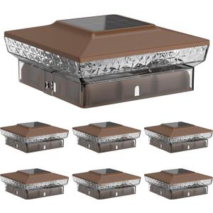 Solar Post Cap Lights, 6-Pack Upgraded Outdoor Deck Fence Post Solar Lights for 4x4 5x5 Wood/Vinyl Posts, IP65 Waterproof, 10-12 Hours Warm/Cool White Glow for Garden/Patio/Porch - Brown
