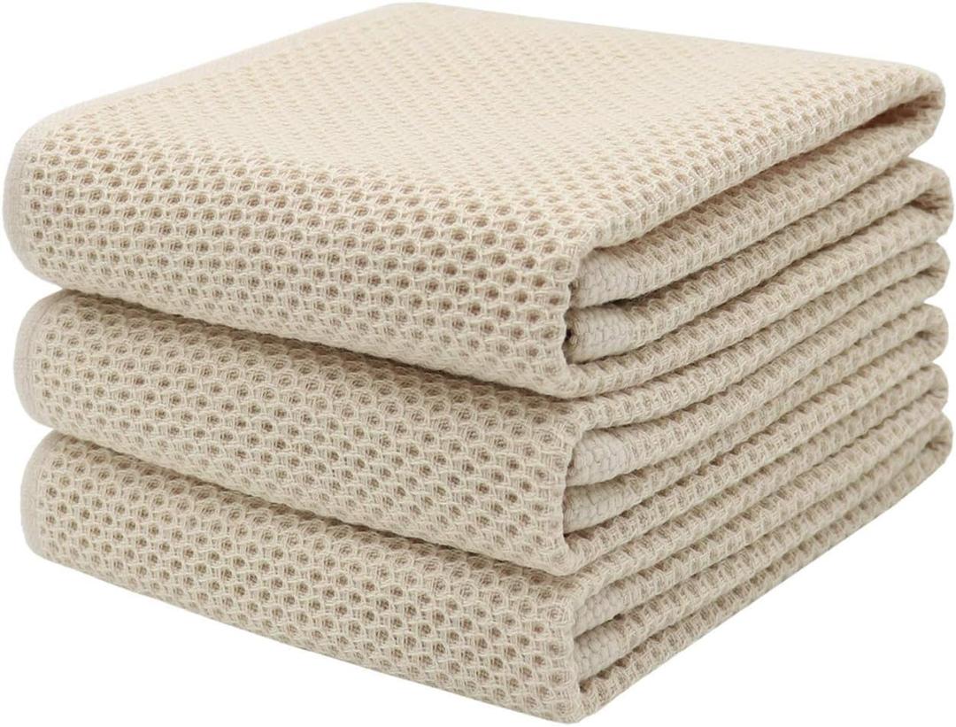 Mia's Dream Soft Absorbent Cotton Waffle Weave Kitchen Dish Cloth Washcloth, 13x28 inch 3 Pack (Beige)