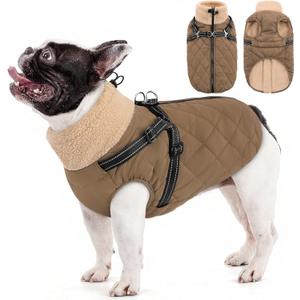 Queenmore Dog Jackets for Medium Dogs, Dog Coat with Harness Built in, Waterproof Pet Winter Coat with Zipper On Back Doggy Snowsuits Warm Soft Pet Jacket for French Bulldog, Poodle, Corgi, Brown M