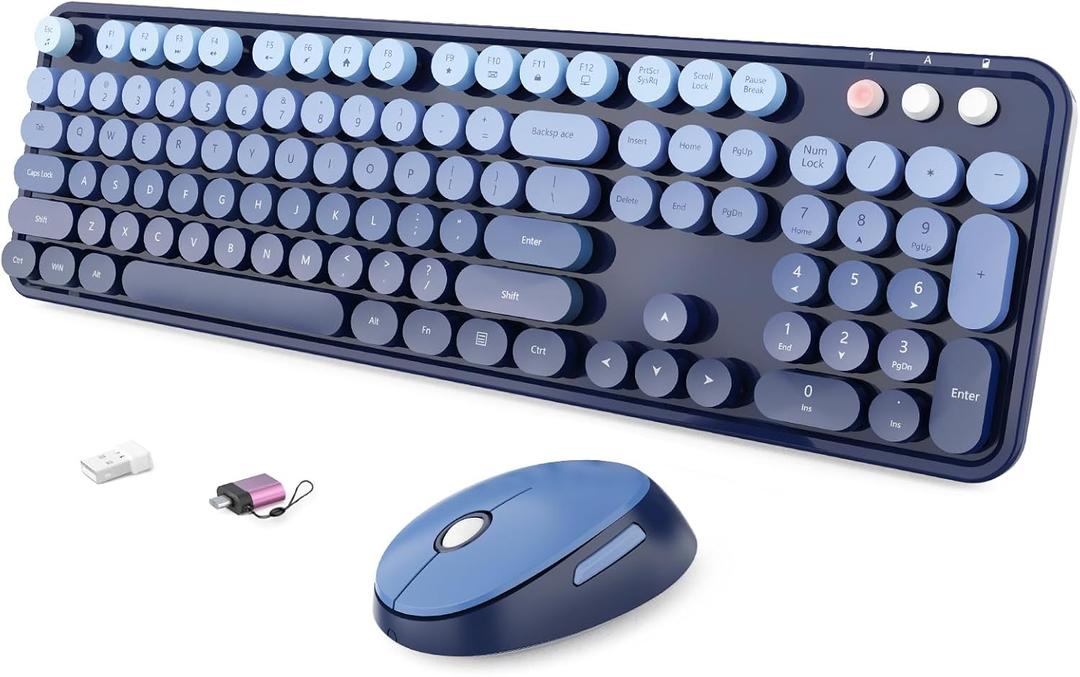Wireless Keyboard and Mouse Combo, Ergonomic Full Size Typewriter Retro Round Keycaps Keyboard, Compatible with Windows, PC, Perfer for Home and Office Keyboards (Twilight Blue)