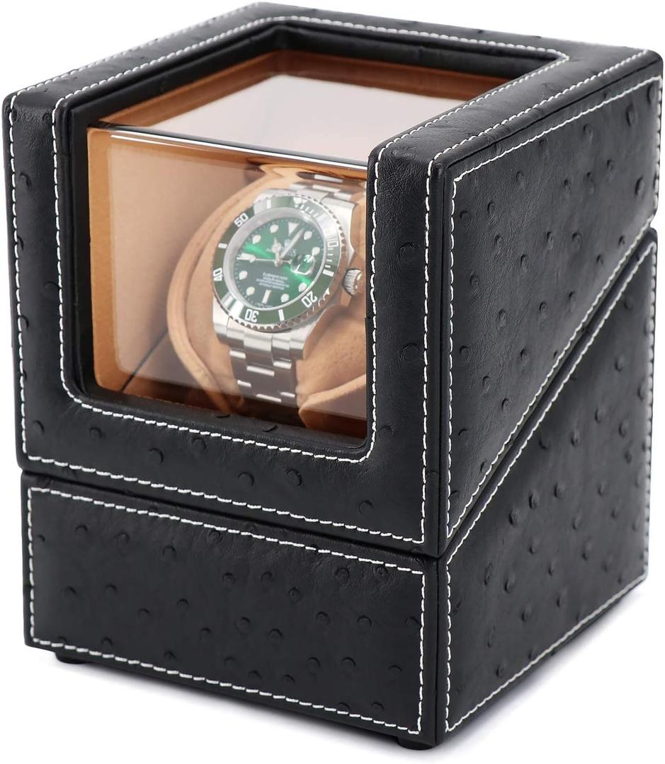 Automatic Single Watch Winder for Rolex and Other Luxury Watches - Automatic Winder with Quiet Motor, Premium Black Ostrich Leather Exterior and Soft Flexible Watch Pillows of Camel Velvet