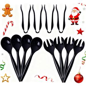 Supernal 72pcs Plastic Serving Utensils Heavy Duty Disposable Serving Tongs Black Disposable Serving Set 10" Spoons 10" Forks 6" Tongs Each 24pcs