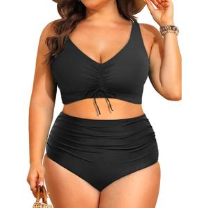 Aqua Eve Women Plus Size Two Piece Swimsuit High Waisted Bikini Set Tummy Control Bathing Suit (Drawstring-black) 16W