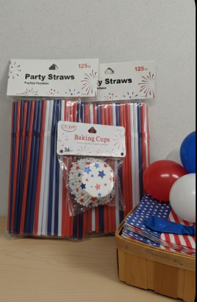 Party Supplies Set (Red, White & Blue) Elevate your celebration with this festive kit! Includes 125 flexible straws, 36 star-print baking cups, napkins, and balloons. Perfect for 4th of July, Memorial Day, or themed parties. Set of 3 Packs