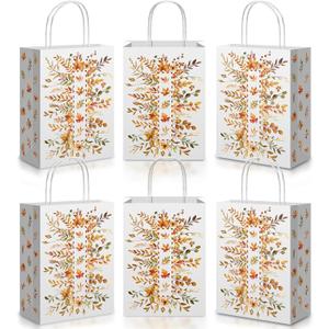 Kolldenn 24 Pcs Thanksgiving Paper Gift Bags Bulk Fall Maple Leaves Gift Bags with Handles Wildflower Floral Seasonal Design for Fall Thanksgiving Wedding Birthday Party Favor Supplies