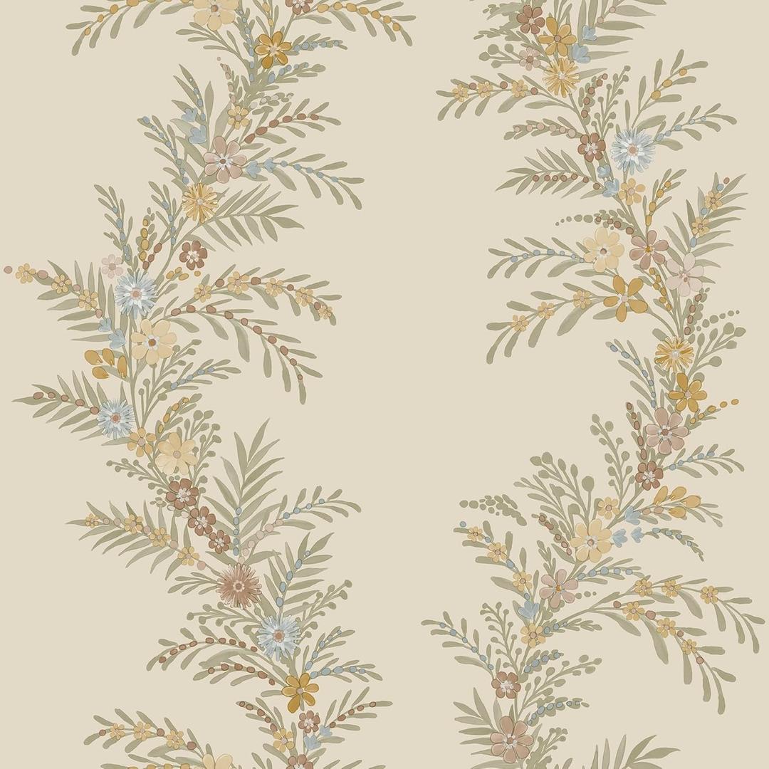 20 .5"Floral Peel and Stick Wallpaper Beige Contact Paper Thicken Wallpaper Delicate Flower Waterproof Green Leaf White Self Adhesive Removable Wall Paper Shelf Liner Decal Vinyl Roll
