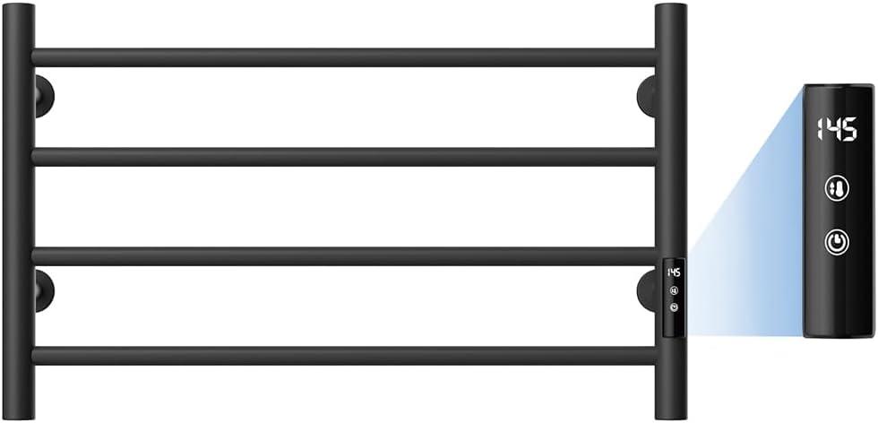 QAOYEDE Towel Warmer Rack for Bathroom, Wall Mounted 26 Inch Heated Towel Rack, 4 Bar Heated Racks Intelligent Touch Screen Timer, Plug-in, Fast Heating, Matte Black