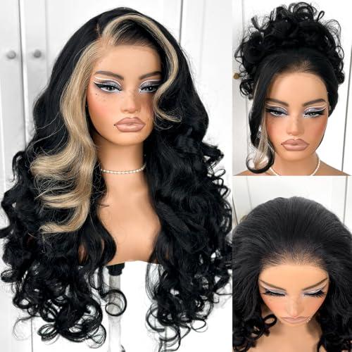 MITIMES 13x6 Skunk Stripe Wig Glueless Crazy Body Wave Lace Front Wigs Pre Plucked Synthetic Yaki Highlights Wear And Go Wig Pre-Cut