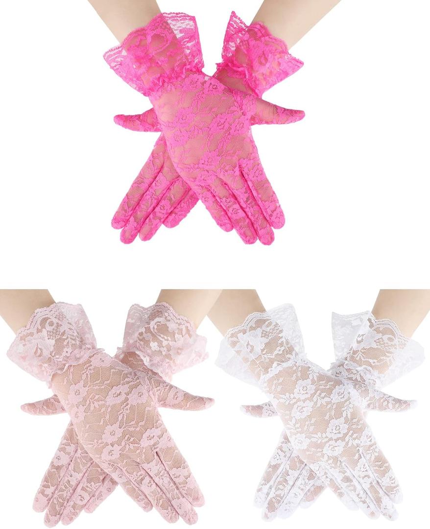 Skylety 3 Pairs Women Lace Floral Gloves Elegant Short Lace Ladies Tea Party Gloves for Opera Wedding Diner Party (White, Pink, Rose Red)