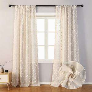 MYSKY HOME Pom Pom Beige Sheer Curtains for Bedroom Girls Room Curtains for Nursery Kids Light Filtering Boho Window Drapes, Rod Pocket, 52 x 95 Inches, 2 Panels (Wood Beige)