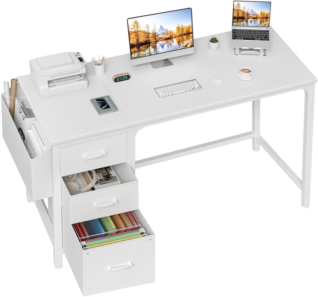 Lufeiya White Computer Desk with Fabric File Drawers Cabinet, 55 Inch Reversible Desks with Storage Filing Cabinet for Home Office, Modern Writing Table PC Desks for Bedroom, White (54.6")