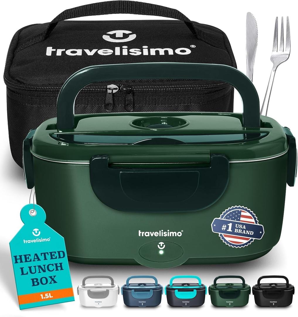 TRAVELISIMO Electric Lunch Box for Adults 80W Heated Lunch Box For Men 1.5L Stainless Steel Portable Food Warmer, 12/24/110V Electric Food Warmers for Travel & Work (Dark Green)