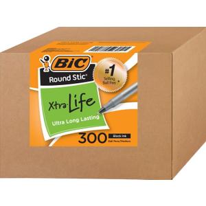 BIC Round Stic Xtra Life Ballpoint Pens, Bulk Pack of Black Ink Pens, Medium point 1.0 mm, Pack of 300
