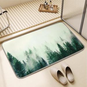 ORTIGIA Misty Forest Bathroom Rug, 16x24 Green Thin Bath Mat Doormat Floor Mat Absorbent Quick Dry Non Slip, Diatomaceous Mud Mats with Rubber Backing for Shower Tub Sink Laundry Kitchen Doorway