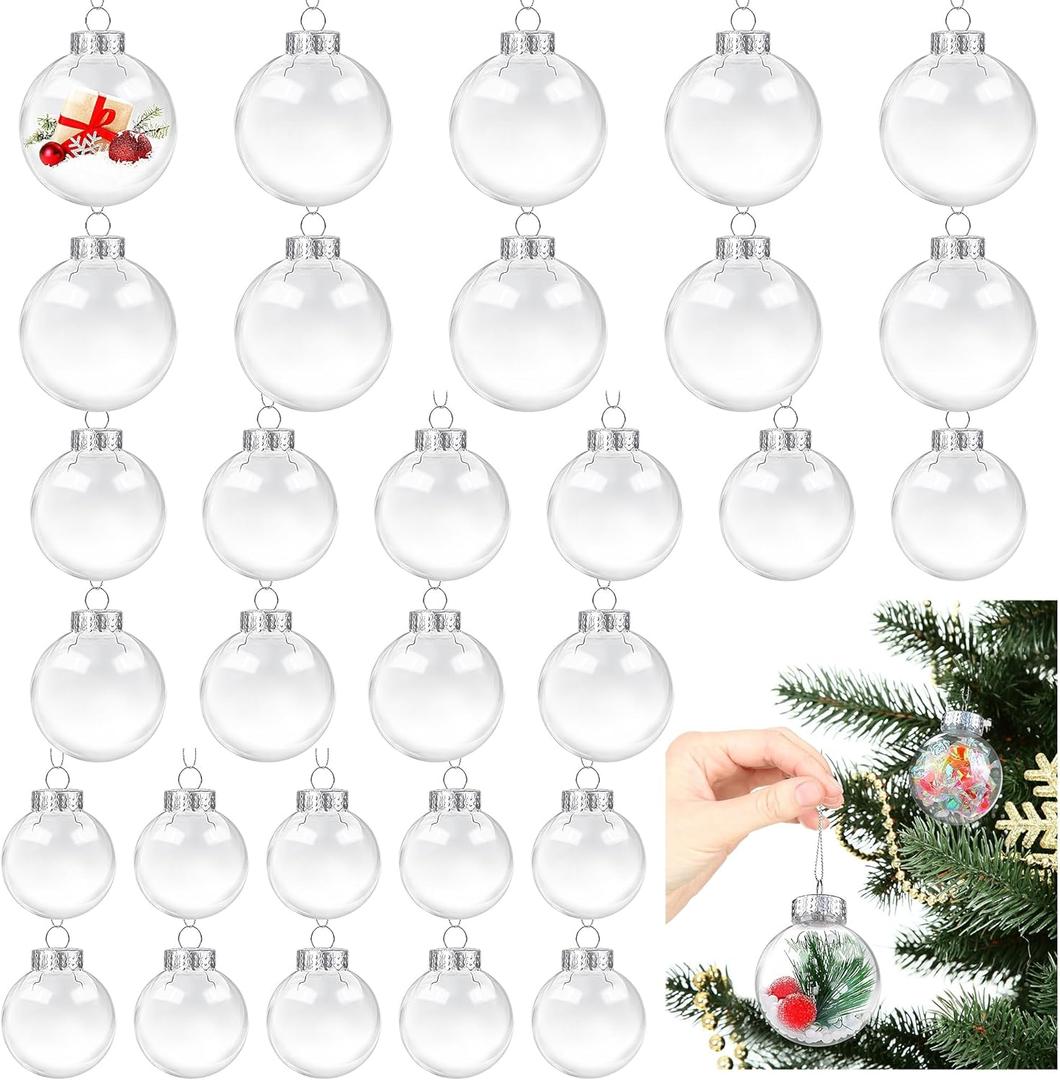Aneco 30 Pack Clear Christmas Ornament Balls with Lids and Rope 2.4/2.8/3.2 Inch Plastic Fillable Ornaments Hanging Transparent Decorative Balls for DIY Crafts Christmas Tree Wedding Party Home Decor