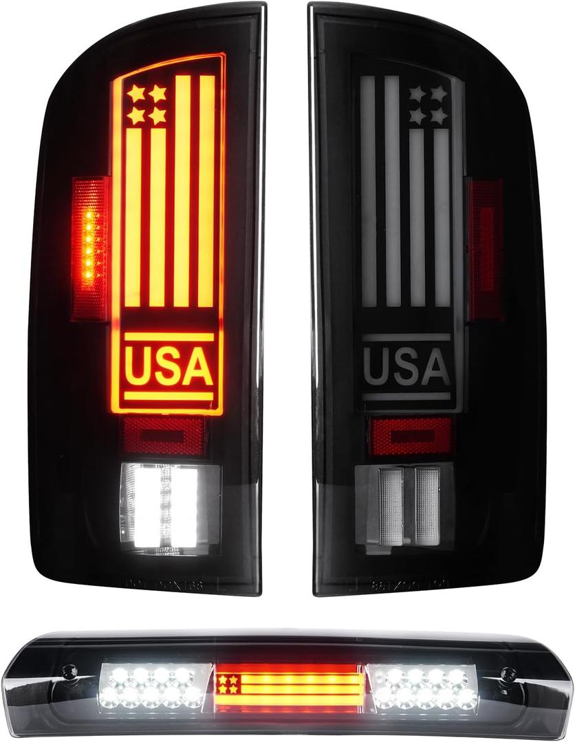 Tresound LED Tail Light + 3rd Third Brake Cargo Lamp for Dodge RAM 1500 2002-2006, for RAM 2500 3500 2003-2006, High Mount Stop Light Rear Taillight Assembly, 55077348AF, 55077347AF, CH2801147