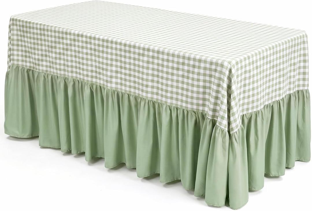 Sage Green Gingham Tablecloth with Ruffle Table Skirt for Seat 8-10, 132 x 90'' Fabric Plaid Checkered Scalloped Tablecover, Rectangle Picnic Party Decor Tablecloth for Wedding, 11.8" x 10.2"