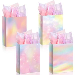 Maitys 24 Pcs Pastel Rainbow Goodie Bags with Tissue Paper, Spring Easter Party Favor Bags Rainbow Party Favor Bag Pastel Gift Bag for Kids Girls Spring Unicorn Birthday Wedding Baby Shower Decor
