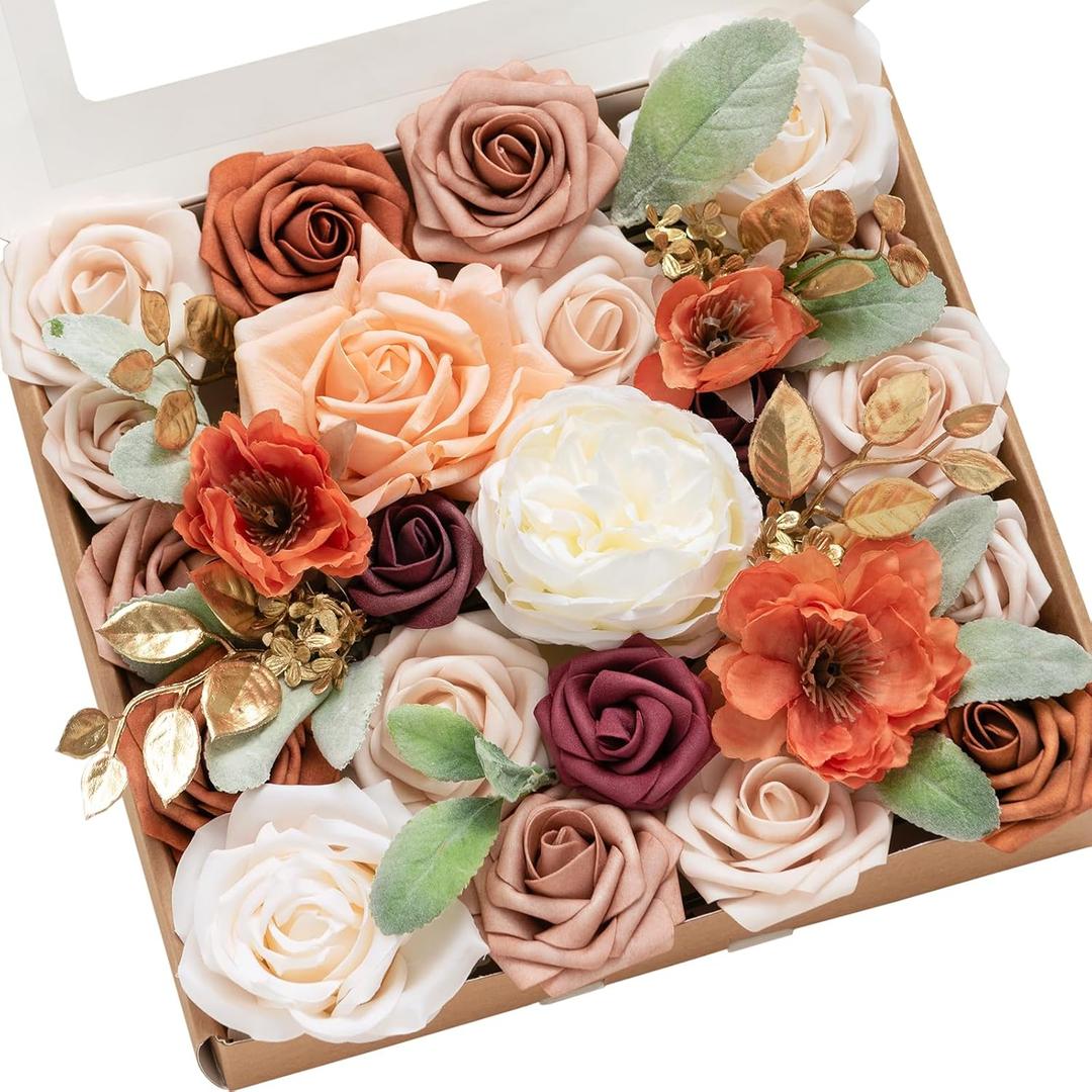 Ling's moment Terracotta Artificial Flowers Greenery Grand Box Set, Burnt Orange & Pink Fake Flower for DIY Wedding Bridal Bouquet, Centerpieces Decor, Floral Arrangement Decor, etc.