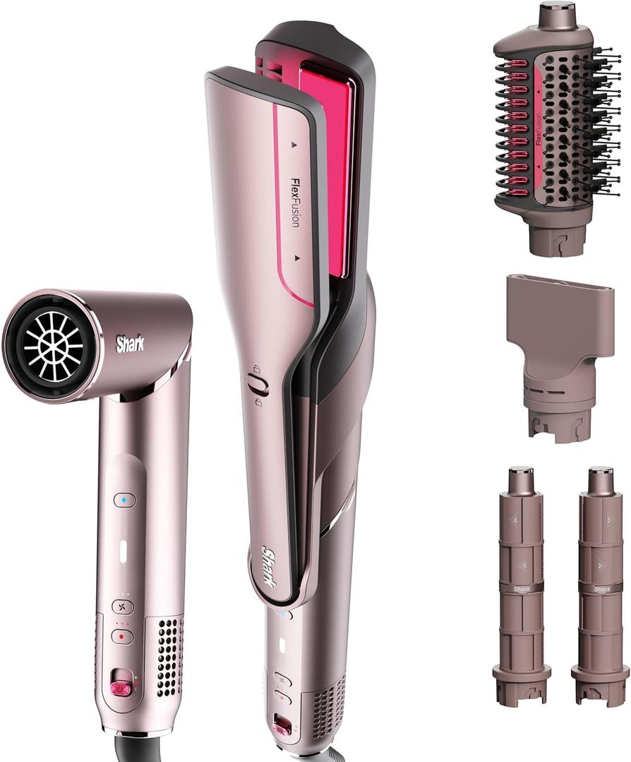 Shark FlexFusion Hair Straightener & Powerful Hair Dryer with Fusion Hair Brush, Ceramic Air Styler with Auto-Wrap Curlers & Concentrator, Ceramic Plates, Cosmic Blush HD641S
