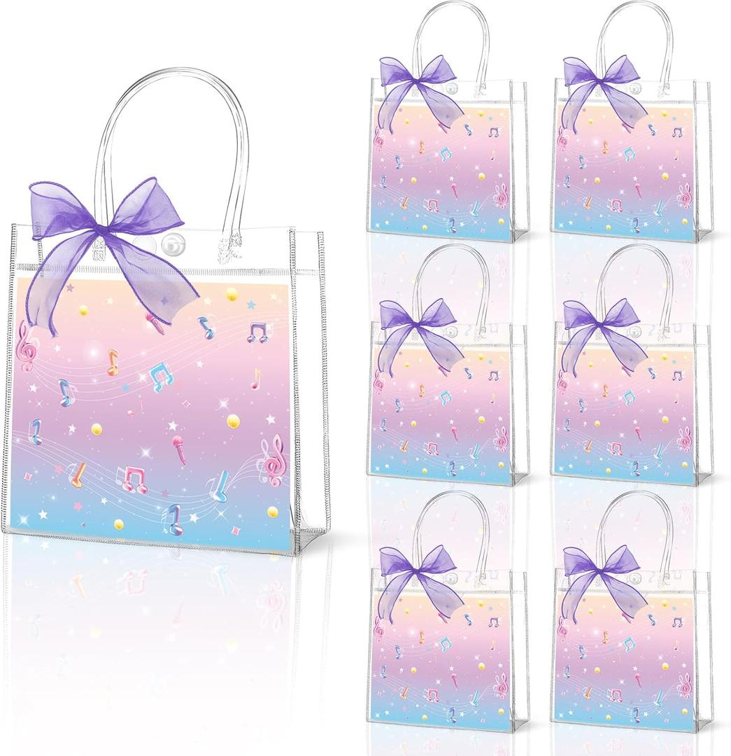 24Pcs Kpop Themed Birthday Party PVC Gift Bags With Ribbon Pink Purple Music Theme Goodie Treat Candy Bags With Handles Kpop Singer Present Tote Bag for Girls Baby Shower Wedding Decor Supplies