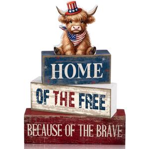 Moucuny 4 Pcs 4th of July Decorations Patriotic Highland Cow Wooden Block Sign Set America Table Decor Patriotic Tiered Tray Decor Red White Blue Memorial Day Centerpieces for 250th Anniversary Home