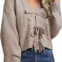 Saodimallsu Womens Bow Sweater Cropped V Neck Long Sleeve Fall Cozy Knit Loose Trendy Pullover Sweaters (S)