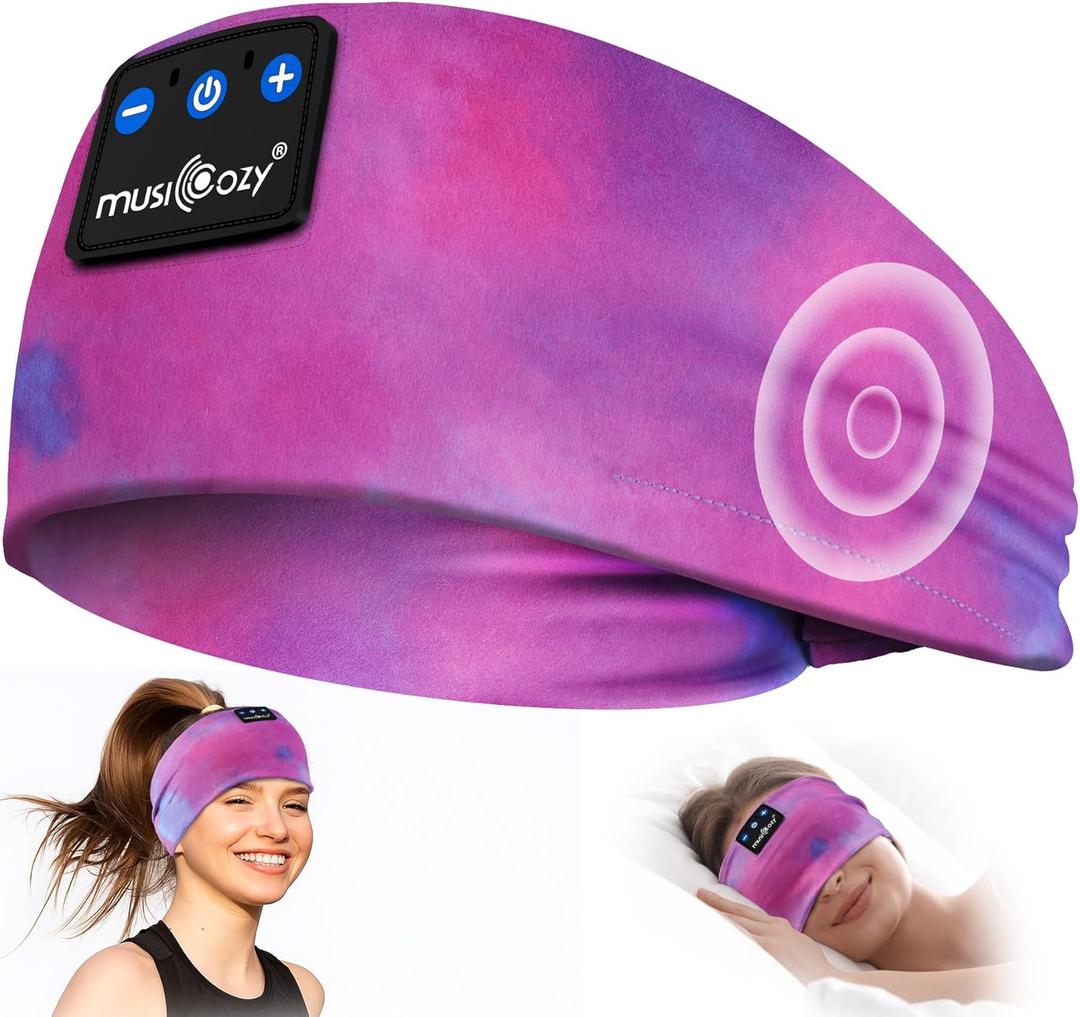 MUSICOZY Sleep Headphones Bluetooth 5.4 Headband, Wireless Earphones Sweat Resistant Earbuds with Ultra-Thin HD Stereo Speaker for Workout Running(Tie-dye Pink)