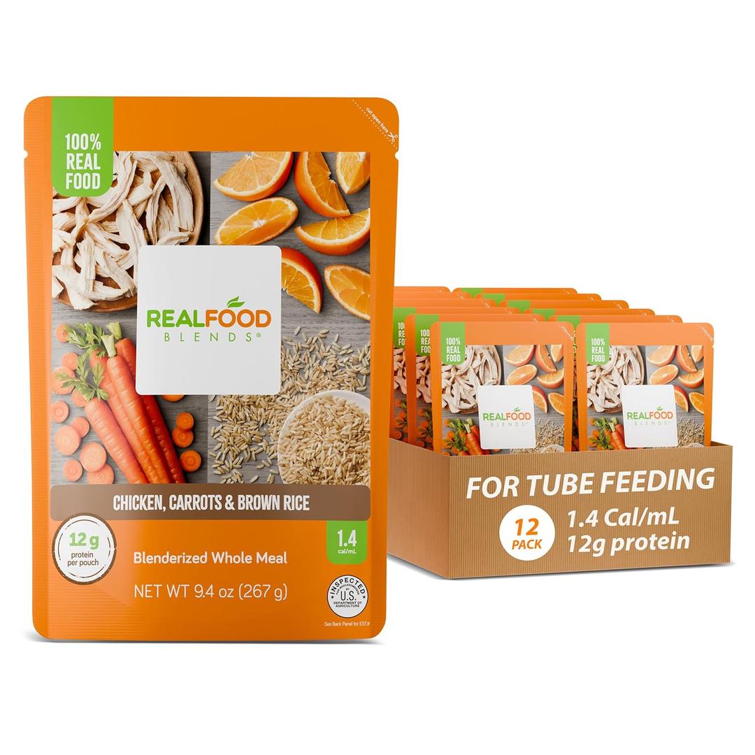 Real Food Blends Chicken, Carrots & Brown Rice - Pureed Food Meals for Tube Feeding with Protein, Vegetables & Fruits - 340 Calories for Lunch & Dinner - 9.4 oz (Pack of 12), BBD: JEN 13/2028