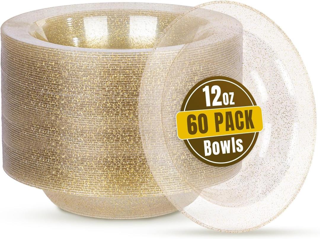 bUCLA 60 Pack Disposable Plastic Bowls 12oz - Clear Gold Glitter Plastic Salad/Dessert/Soup Bowls - Perfect for Party, Wedding & Thanksgiving
