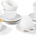 Espresso Cup and Saucer Set of 6, 6 oz Ceramic Cappuccino Barista Cup with Saucer, Stackable Coffee Mugs for Demitasse, Au Lait, Latte, Cafe Mocha, Tea, Birthday Day Thanksgiving Christmas Gift, White (Waves)