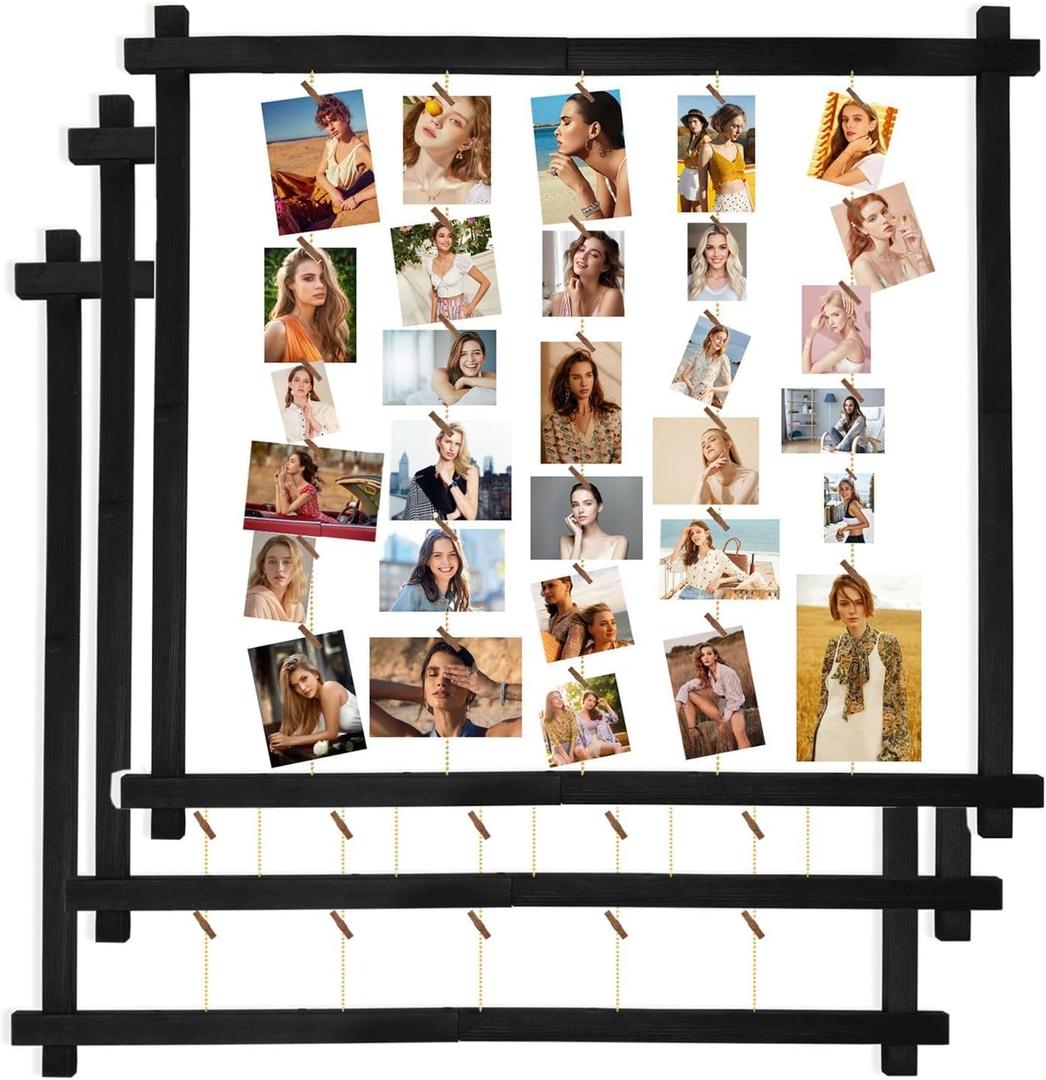 Wood Picture Frames Collage,Photo Display With 30 Clips,Hanging Picture Board Wall Decor for Dorm Graduation Letter Postcard Greeting Card Organizer,Pine,Adjustable Metal Bead String,3 Pack,(Black)