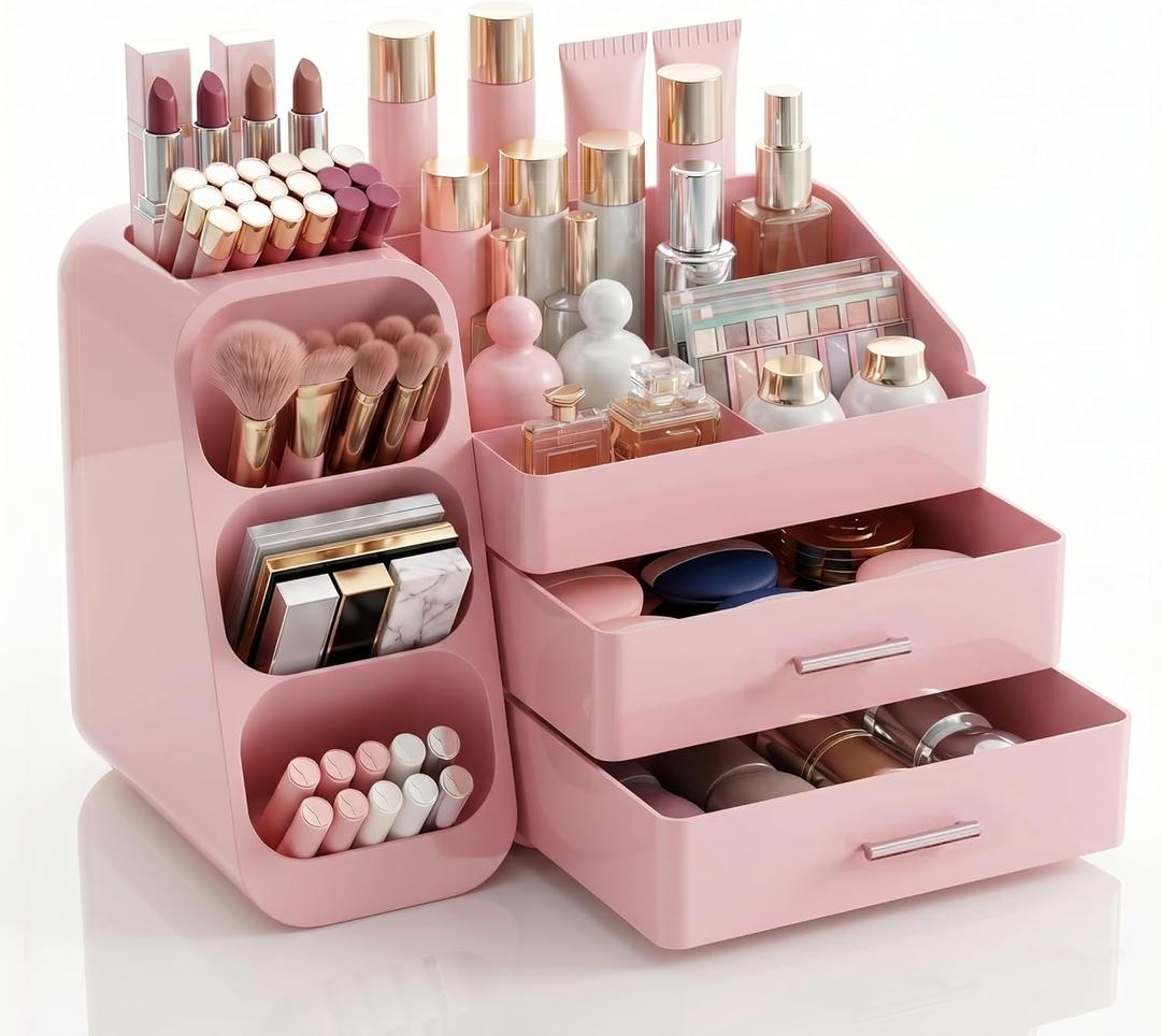 KQJS Makeup Organizer with Drawers, Large Capacity Countertop Organizer for Vanity, Bathroom and Bedroom Desk Cosmetics Organizers, Easy To Storage Skincare, Brushes, Lotions (All Pink)