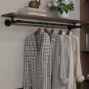 TEDIDUWA Clothes Rack 48in, Wall Mounted Garment Rack with Solid Walnut Wood Shelf, Heavy Duty Hanging Clothes Rack, Multi-Purpose Hanging Rod, Space-Saving Closet Storage