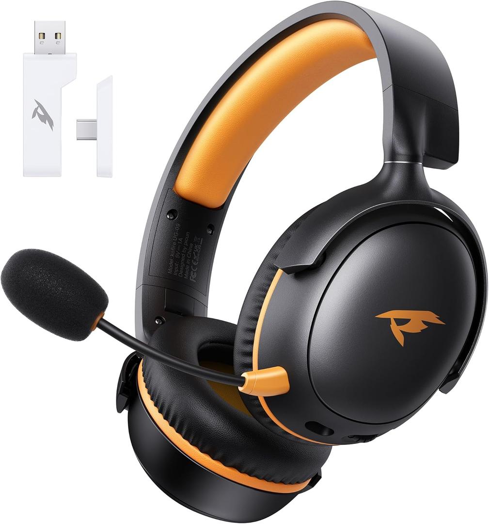 Wireless Gaming Headset, 2.4GHz USB Gaming Headphones with Bluetooth 5.4, 53MM 3D Stereo Sound, 65H Battery, ENC Noise Canceling Mic, 3.5mm Wired, for PS5, PC, PS4, Mac, Switch, Black-Orange